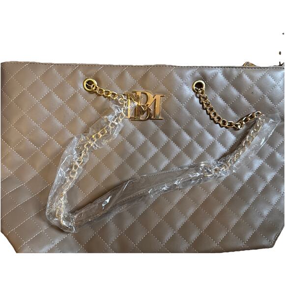 Badgley Mischka Large Tote Bag NWT 16"X 10” Tan W/ Gold Tone Chain Handles - Picture 1 of 6
